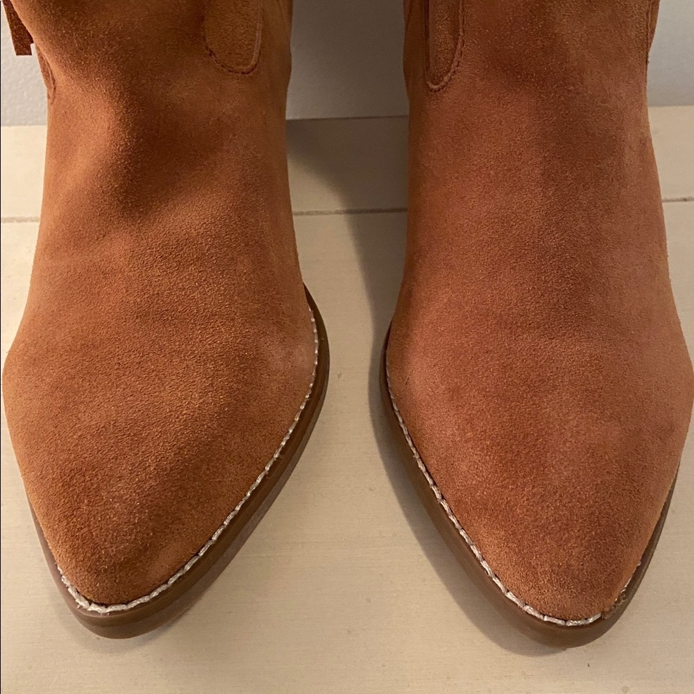 Dingo Western Cabincore Suede Fringe Mid Calf Cowboy Boot Tan - Picture 7 of 11